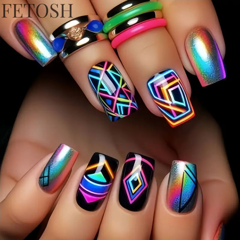 24Pcs Dark Blue Glossy Press on Nails Square False Nail with Glue Color Blending Acrylic Fake Nails Wearable Full Cover Nail Tip