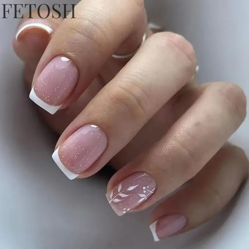 24Pcs Shiny Pearl Wearable False Nails Short Square Fake Nail Simple Summer Press on Nails Detachable Full Cover Nail Tips