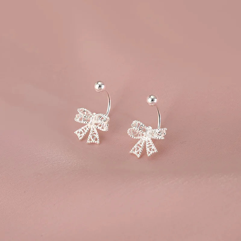 Real 925 Sterling Silver Lace Heart Hollow Bow Screw Buckle Puncture Stud Earrings for Women Fine Jewelry Minimalist Accessories