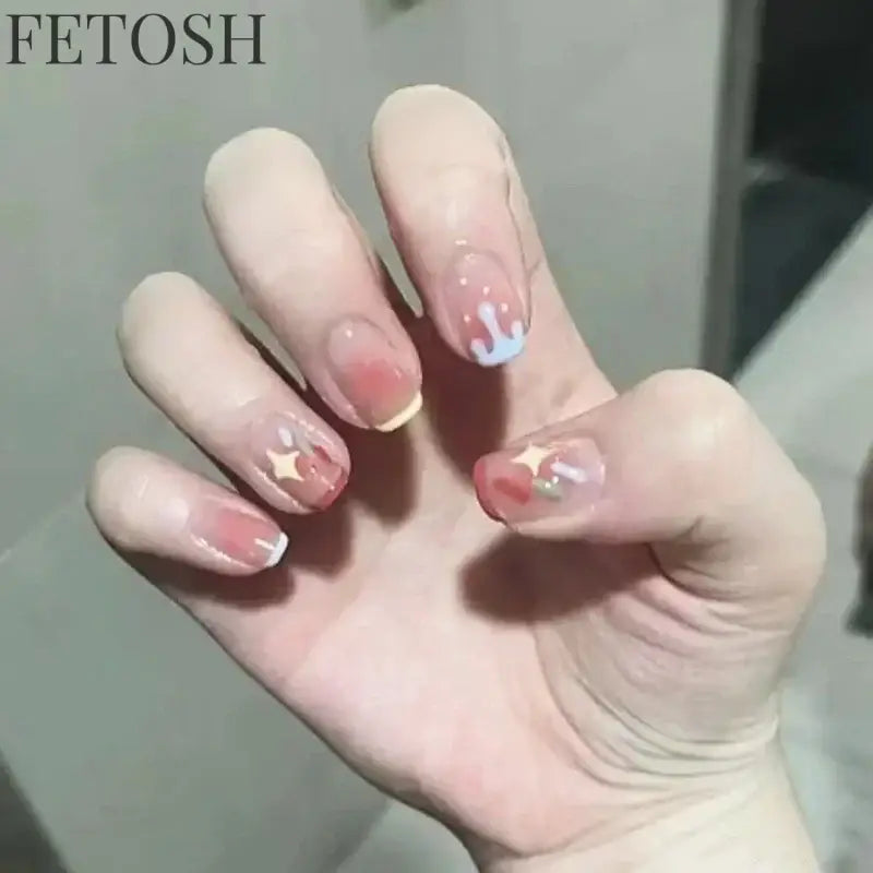 24pcs Short Cute False Nails Polka Dot Star Design Fake Nails Full Coverage Waterproof Removable Artificial Press on Nails