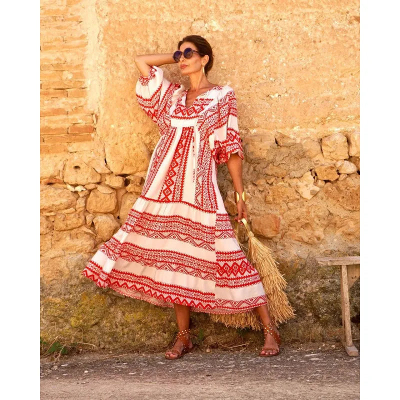 Women Puff Sleeve Boho Maxi Dress Vintage Elegant Fashion Casual Print Floral V-Neck Loose Ladies Holiday Beach Party Vestidos