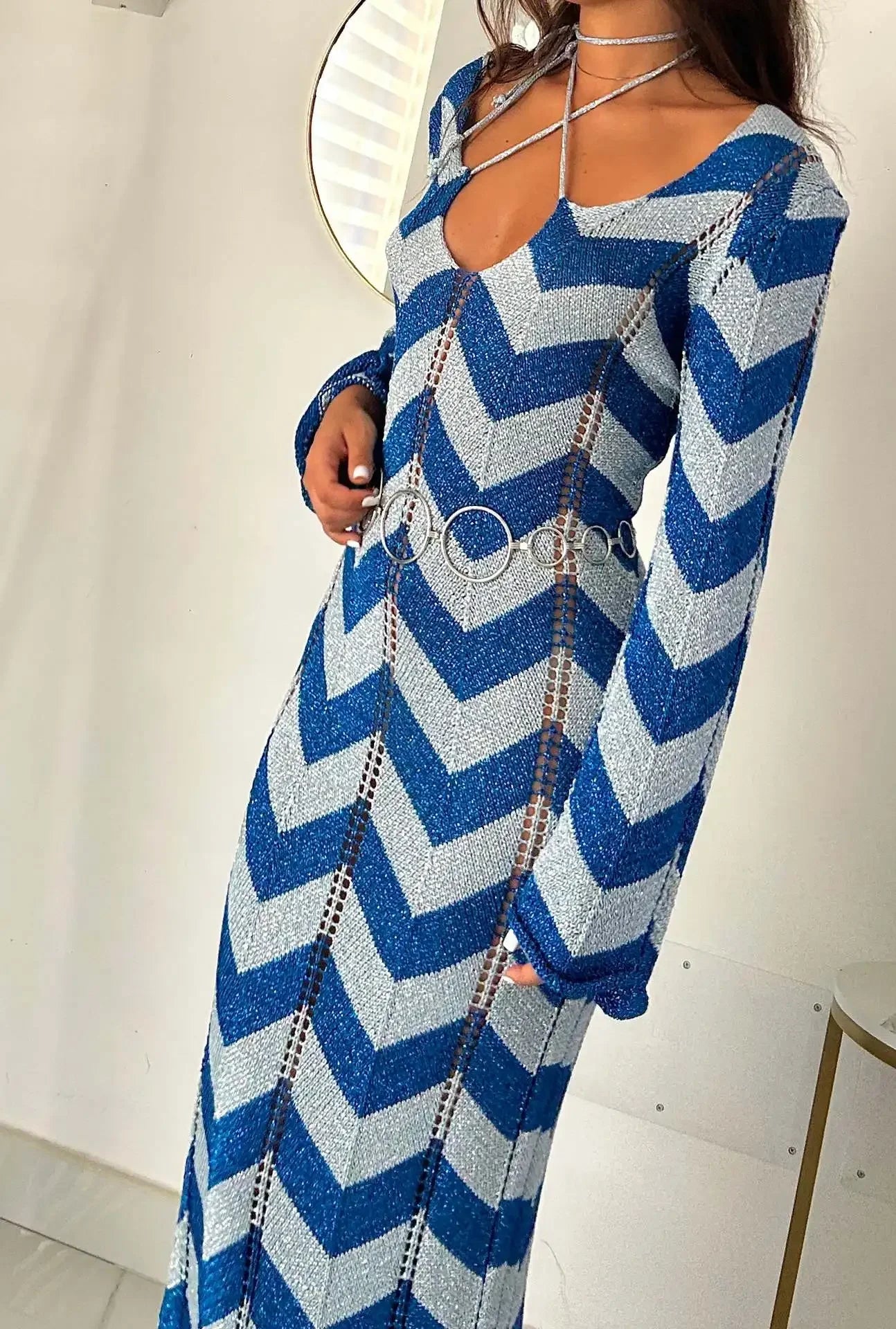 DSMTRC Women's Stripled Long Sleeve Slim Elegant Knitted Maxi Dress V Neck Autumn New Lace Up Hollow Sexy Beach Cover Up Dress