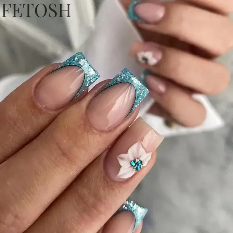 24Pcs Simple Square False Nails Short French Fake Nails Press on Colorful Flowers Design Full Cover Nail Tips Manicure Tools