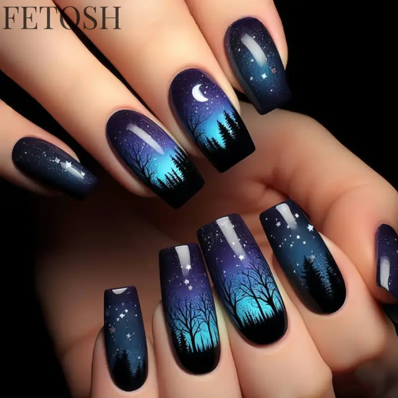 24Pcs Dark Blue Glossy Press on Nails Square False Nail with Glue Color Blending Acrylic Fake Nails Wearable Full Cover Nail Tip