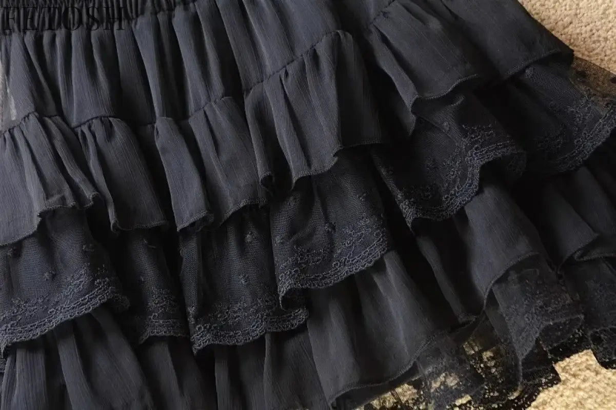 Elastic Gothic Lace Tutu Skirt Women Black Mesh Detail Petticoat Sexy Mini Tulle Skirts Party Club Wear Dancer