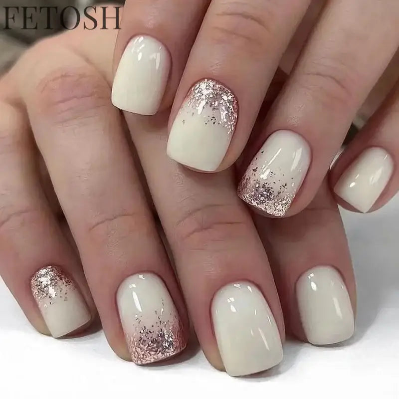 24Pcs Shiny Pearl Wearable False Nails Short Square Fake Nail Simple Summer Press on Nails Detachable Full Cover Nail Tips