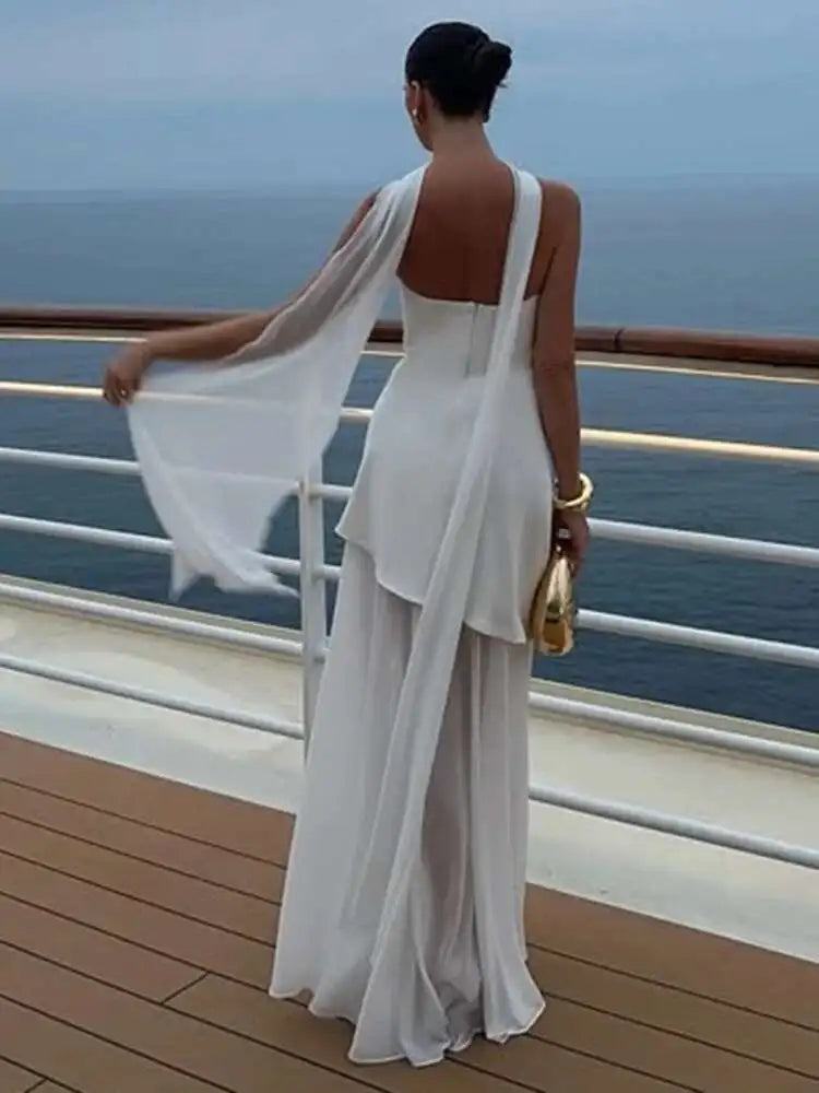 Mozision Elegant Strapless Sexy Maxi Dress For Women Gown With Scarf Off-shoulder Sleeveless Backless Split Beach Long Dress