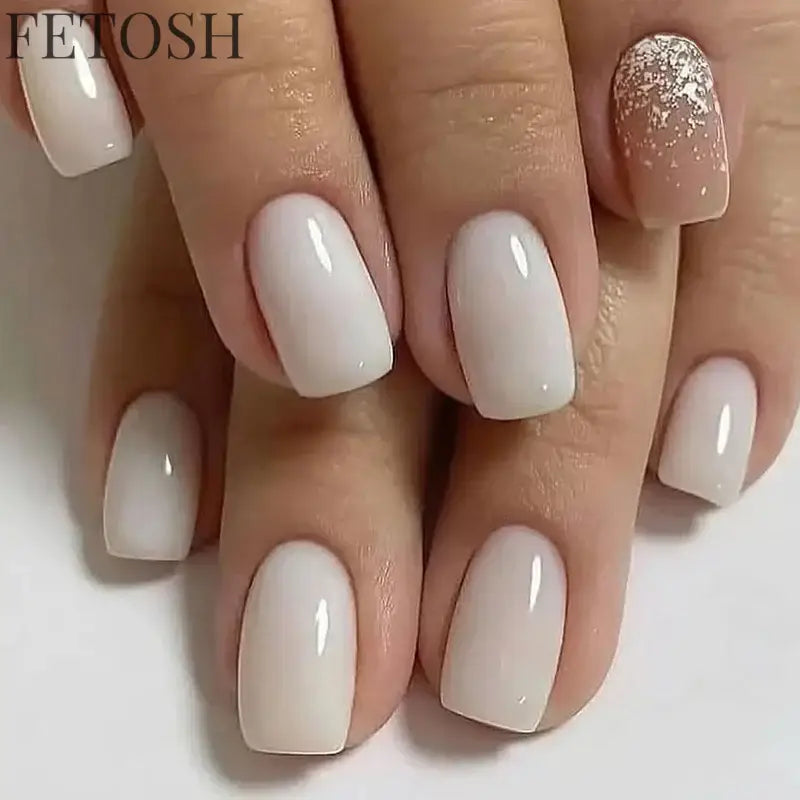 24Pcs Shiny Pearl Wearable False Nails Short Square Fake Nail Simple Summer Press on Nails Detachable Full Cover Nail Tips