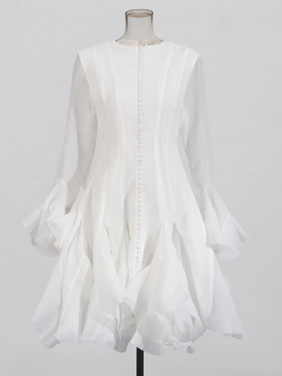 VGH Sweet Ruffles Elegant Knee Length Dresses for Women Round Neck Flare Sleeve High Waist Spliced Button A Line Dress Female