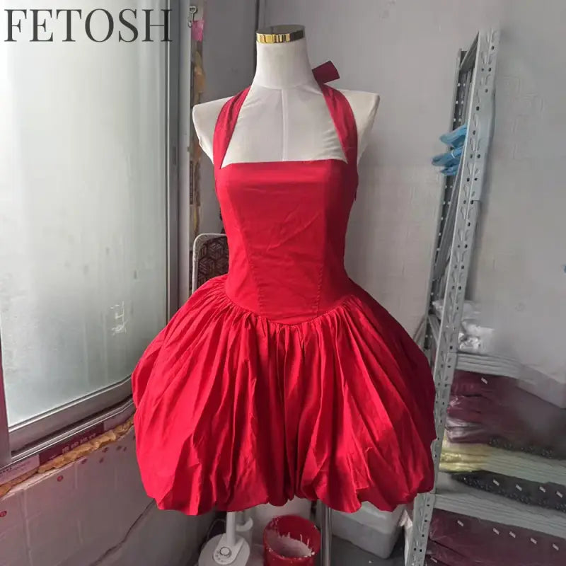 VGH Sexy Temperament Tunic Ball Gown for Women Halter Sleeveless Patchwork Lace Up Short Prom Dresses Female Clothing Fashion