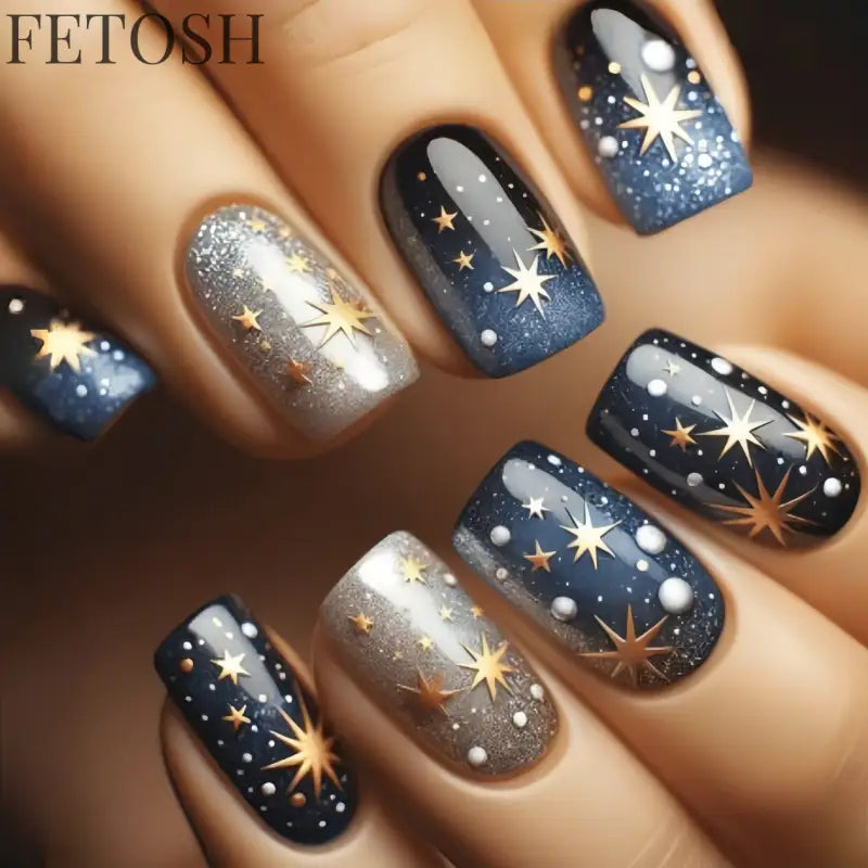 24Pcs Dark Blue Glossy Press on Nails Square False Nail with Glue Color Blending Acrylic Fake Nails Wearable Full Cover Nail Tip