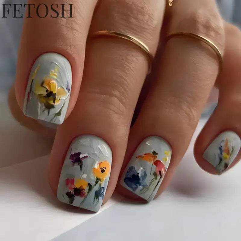 24Pcs Blue False Nails Gradient with French Design Wearable Fake Nails Gradient Short Coffin Full Cover Press on Nail Tips Art