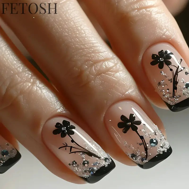 24Pcs Glossy Square Fake Nails Set Gold Powder Full Cover French False Nails Glitter Vintage Press on Acrylic Nail Manicure Tips