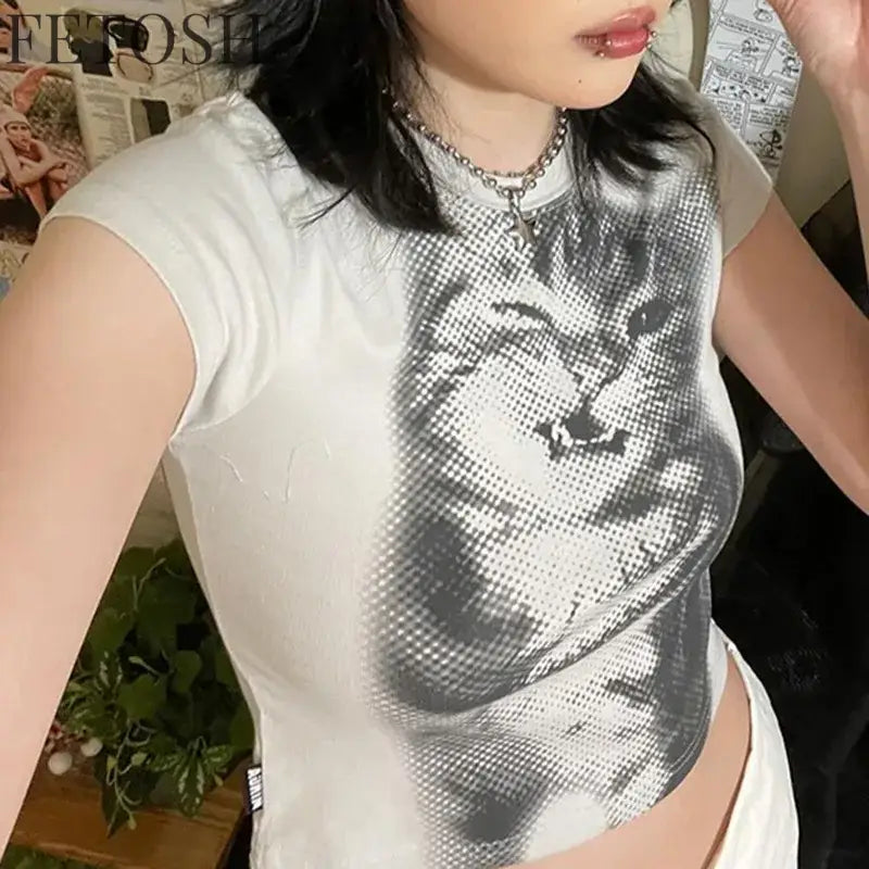 Harajuku Animal Print Crop Top Basic White Short Sleeve Crewneck T-shirt Women Casual Slim-fitting Tees Lady y2k Vintage
