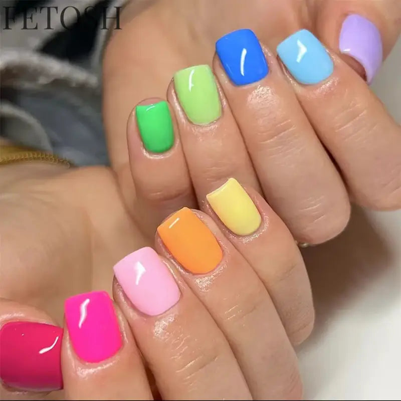 24Pcs Spring Colorful French Fake Nail with Designs Short Square Head Press on False Nails Wearable Simple Jelly Sticks on Nails