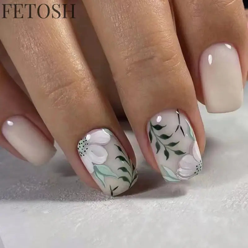 24Pcs Simple Square False Nails Short French Fake Nails Press on Colorful Flowers Design Full Cover Nail Tips Manicure Tools