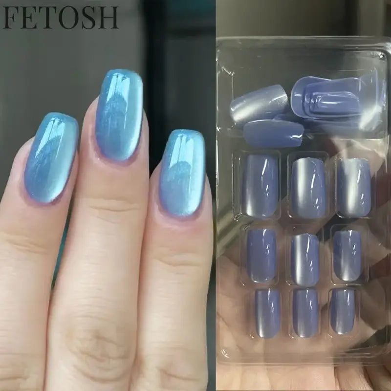 Sparkling Pink Blue Green Gem Cat Eye Nail Art Fashion Glossy Fake Nail Detachable Finished False Nails Press on Nails with Glue