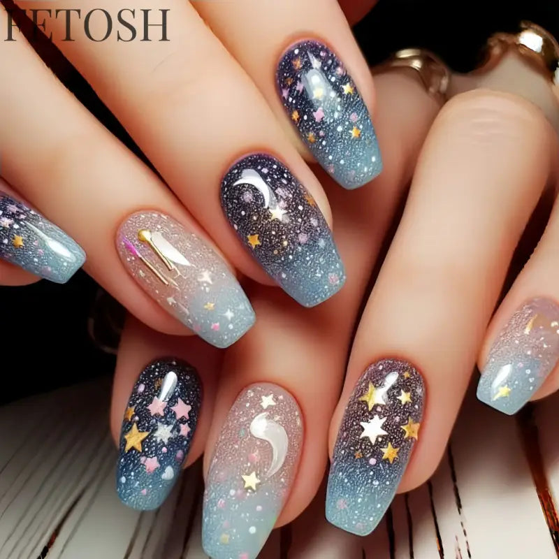 24Pcs Dark Blue Glossy Press on Nails Square False Nail with Glue Color Blending Acrylic Fake Nails Wearable Full Cover Nail Tip