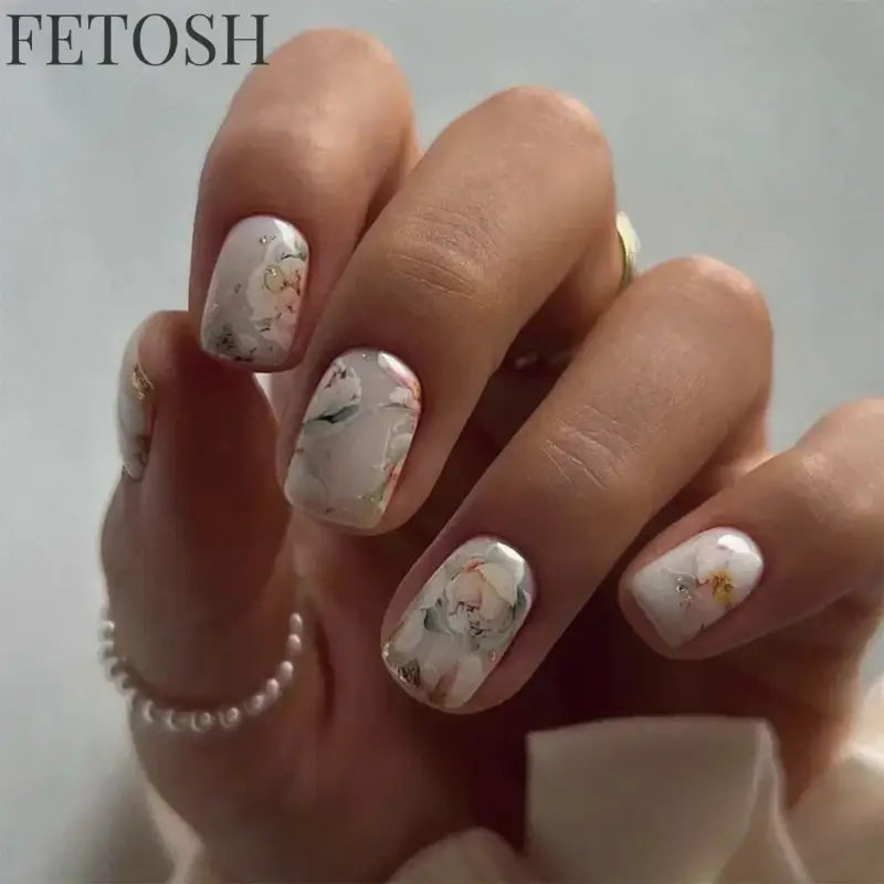 24Pcs Sweet Countryside Flowers False Nails Coffin with Jelly Glue Simple Flower Butterfly French Short Removable Wearable Nails