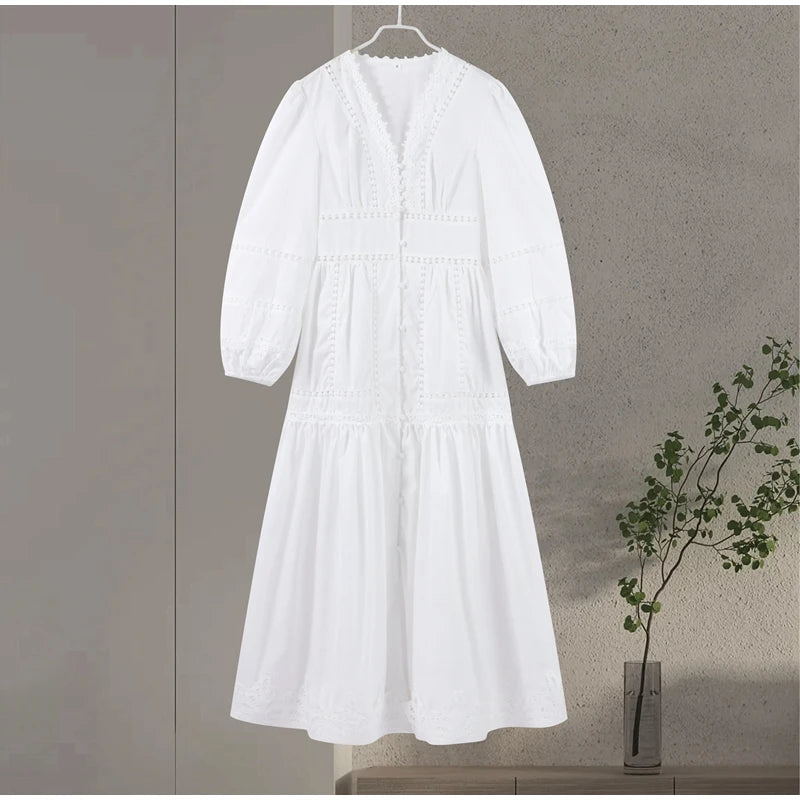 Casual Hollow Out Embroidery Pleated Long Dress Women V-neck Lantern Sleeve Single Breasted Dresses 2025 Summer Lady Chic Robes
