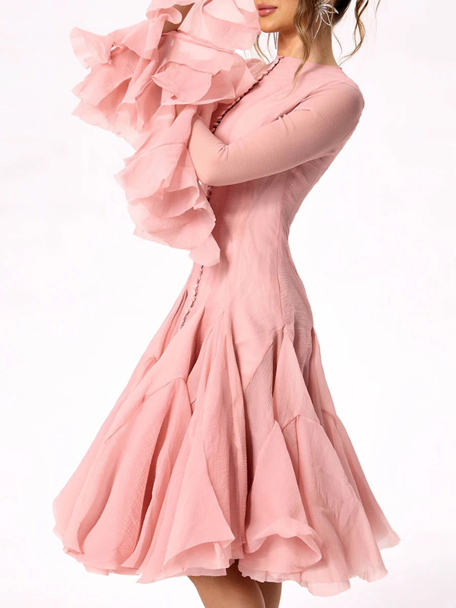 VGH Sweet Ruffles Elegant Knee Length Dresses for Women Round Neck Flare Sleeve High Waist Spliced Button A Line Dress Female