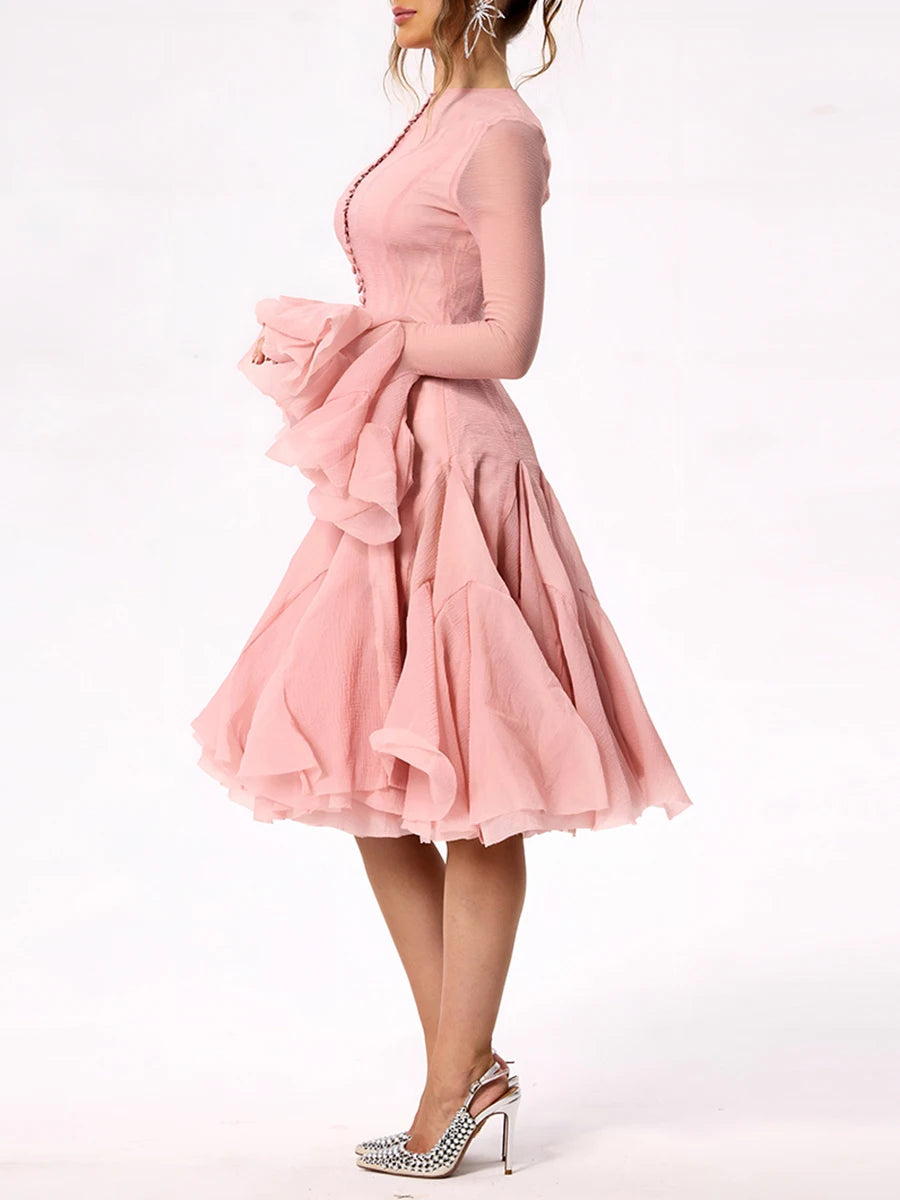 VGH Sweet Ruffles Elegant Knee Length Dresses for Women Round Neck Flare Sleeve High Waist Spliced Button A Line Dress Female