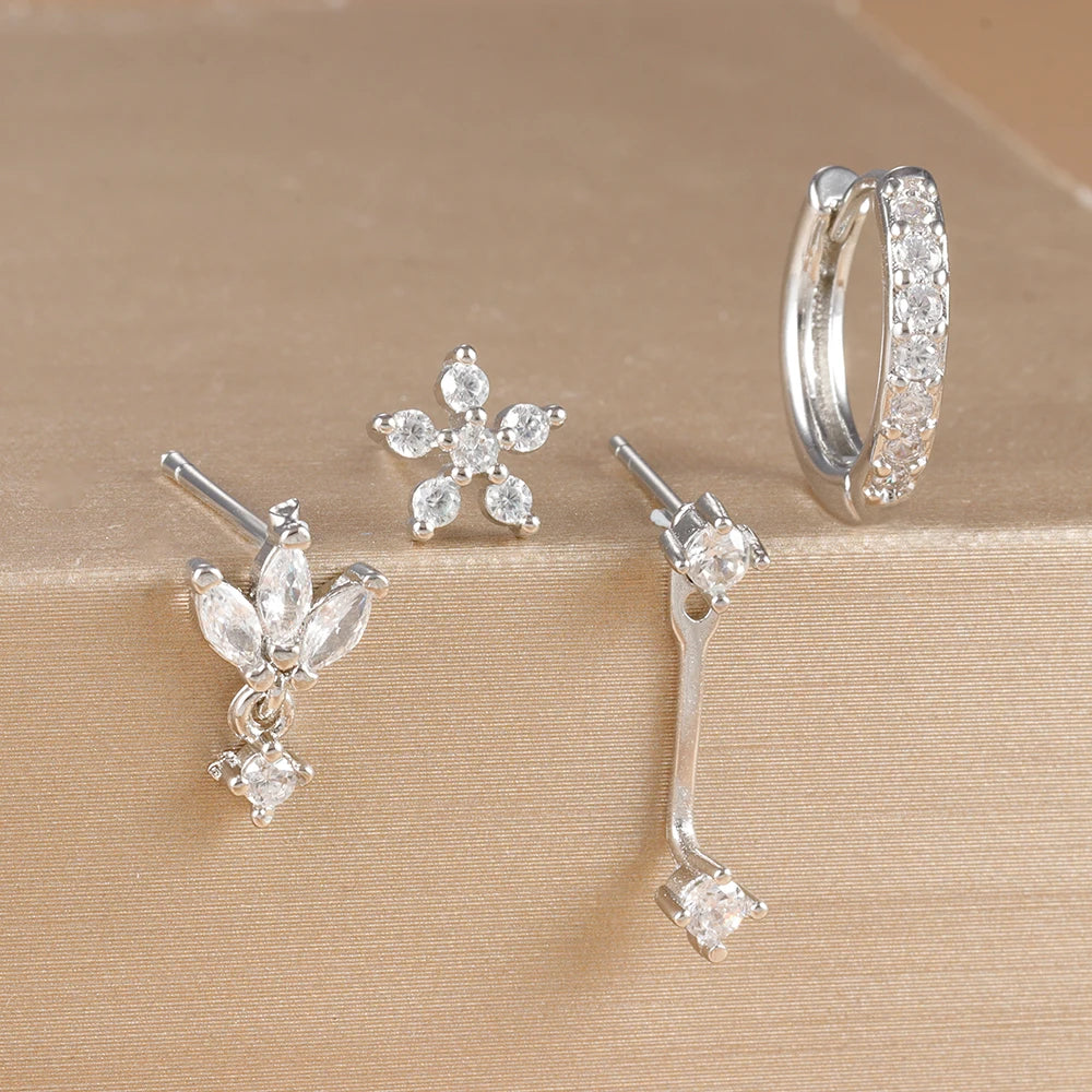 4PCS Stainless Steel Circle Huggie Hoop Earrings Set for Women Gold Color Unique Zircon Flower Stud Earring Piercing Jewelry