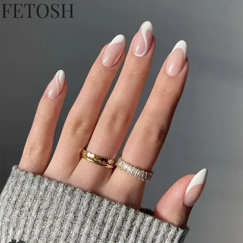 24Pcs Simple Green French False Nails Short Almond Fake Nails with Wave Line Design Wearable Round Head Press on Nail Tips
