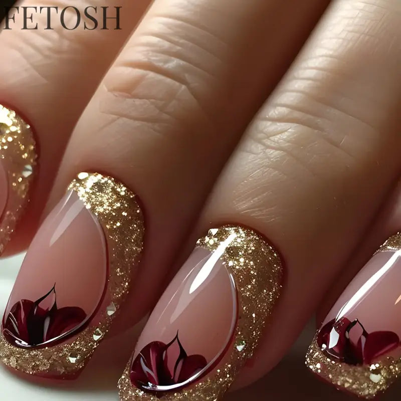24Pcs Glossy Square Fake Nails Set Gold Powder Full Cover French False Nails Glitter Vintage Press on Acrylic Nail Manicure Tips