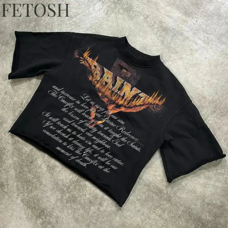 Streetwear Retro Clothing Mens Womens Harajuku Goth Cross Graphic Letter Print T Shirt Casual Cotton Seven Quarter Sleeves Tops