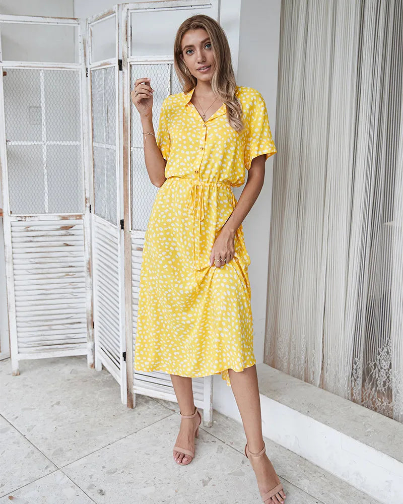 Vintage Floral Print Dress Women Boho Short Sleeve Long Dress Turn Down Collar Casual Waistband Shirt Dresses Robe 2021 Summer