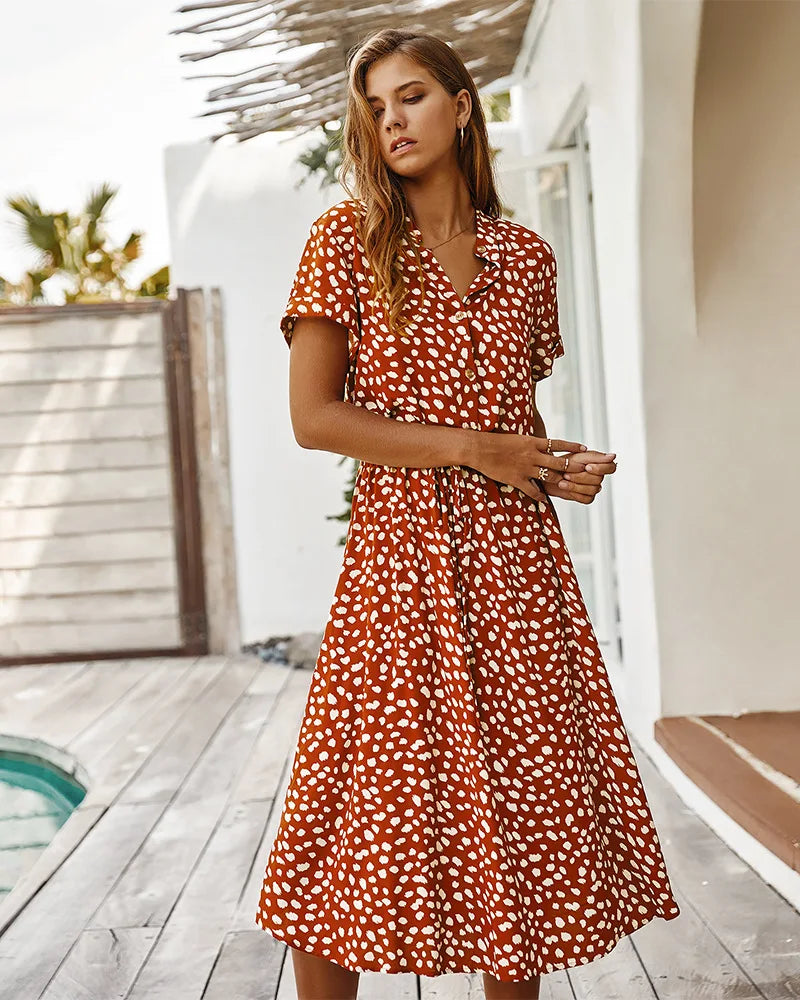 Vintage Floral Print Dress Women Boho Short Sleeve Long Dress Turn Down Collar Casual Waistband Shirt Dresses Robe 2021 Summer