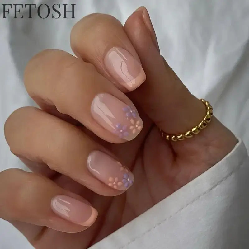 24Pcs Simple Square False Nails Short French Fake Nails Press on Colorful Flowers Design Full Cover Nail Tips Manicure Tools