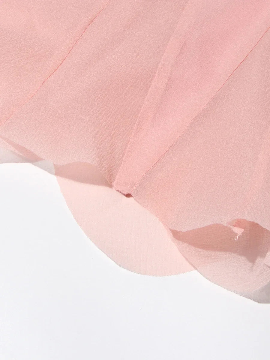 VGH Sweet Ruffles Elegant Knee Length Dresses for Women Round Neck Flare Sleeve High Waist Spliced Button A Line Dress Female