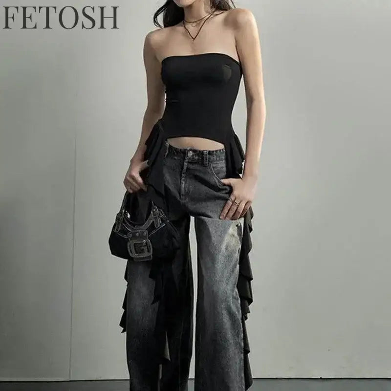 Y2k Tank Tops Asymmetrical Fringed Ruffle Top Streetwear Black Strapless Womans Summer Clothes Tank Top Women 2025