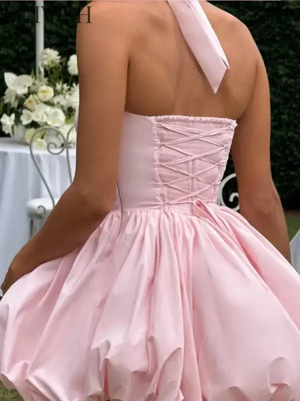 Sexy Lace-up Backless Pleated Halter Mini Dress Women Fashion Off Shoulder Puff Hem A-line Dresses 2025 Summer Lady Partywear