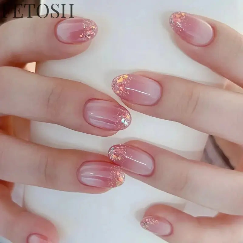 24Pcs Simple Green French False Nails Short Almond Fake Nails with Wave Line Design Wearable Round Head Press on Nail Tips
