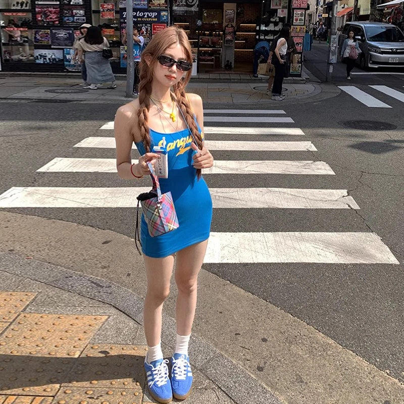 Retro Letter Printed Spaghetti Strap Sheath Wrapped Mini Dress With Chest Pad