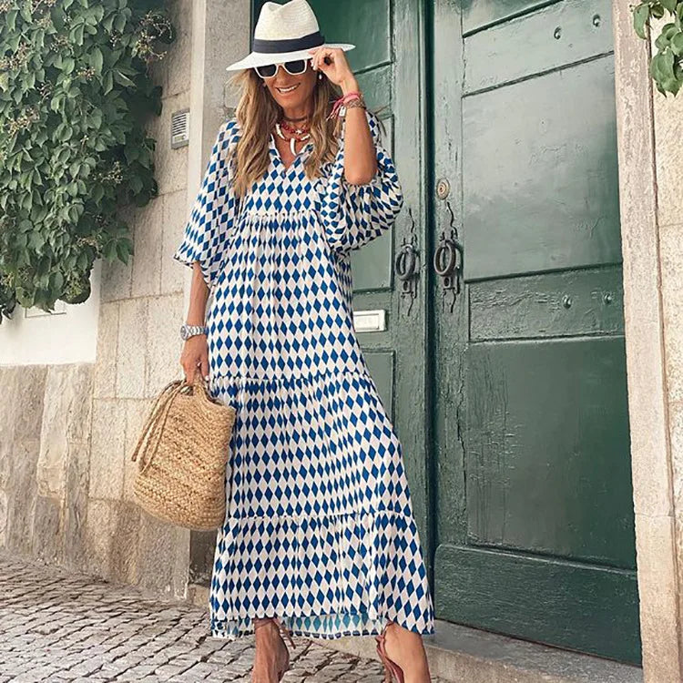 Women Puff Sleeve Boho Maxi Dress Vintage Elegant Fashion Casual Print Floral V-Neck Loose Ladies Holiday Beach Party Vestidos