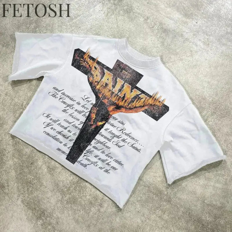 Streetwear Retro Clothing Mens Womens Harajuku Goth Cross Graphic Letter Print T Shirt Casual Cotton Seven Quarter Sleeves Tops