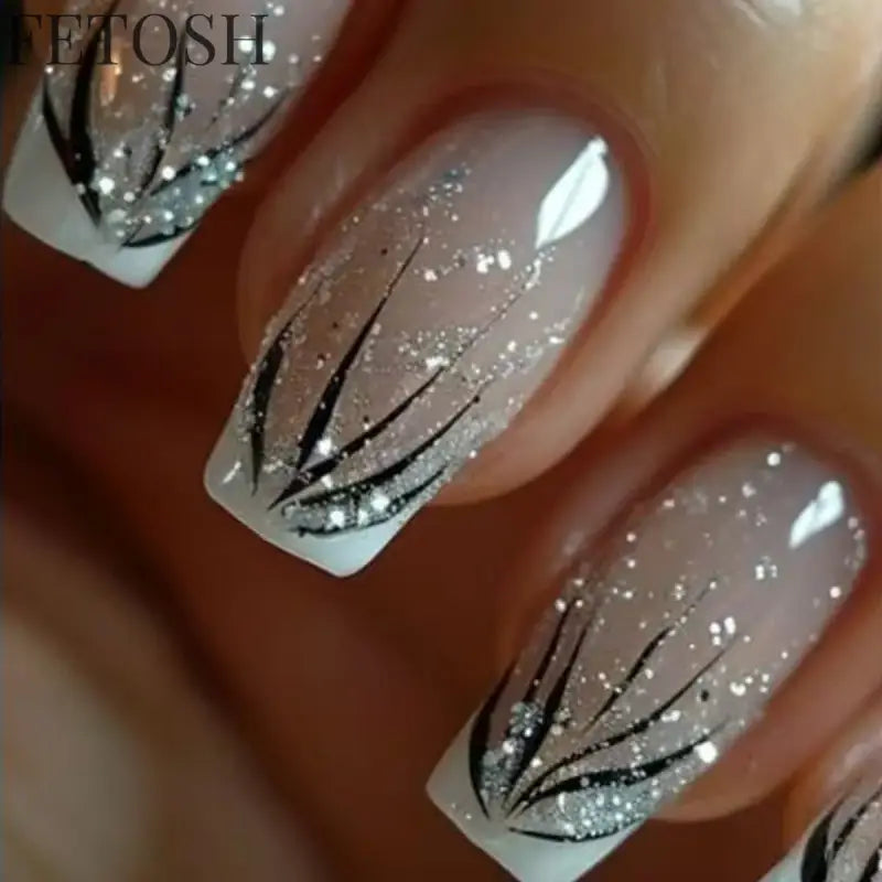 24Pcs Medium Short Square False Nails Glittering Nail Art White Wearable Fake Nail Silver French Full Cover Press on Nail Tips