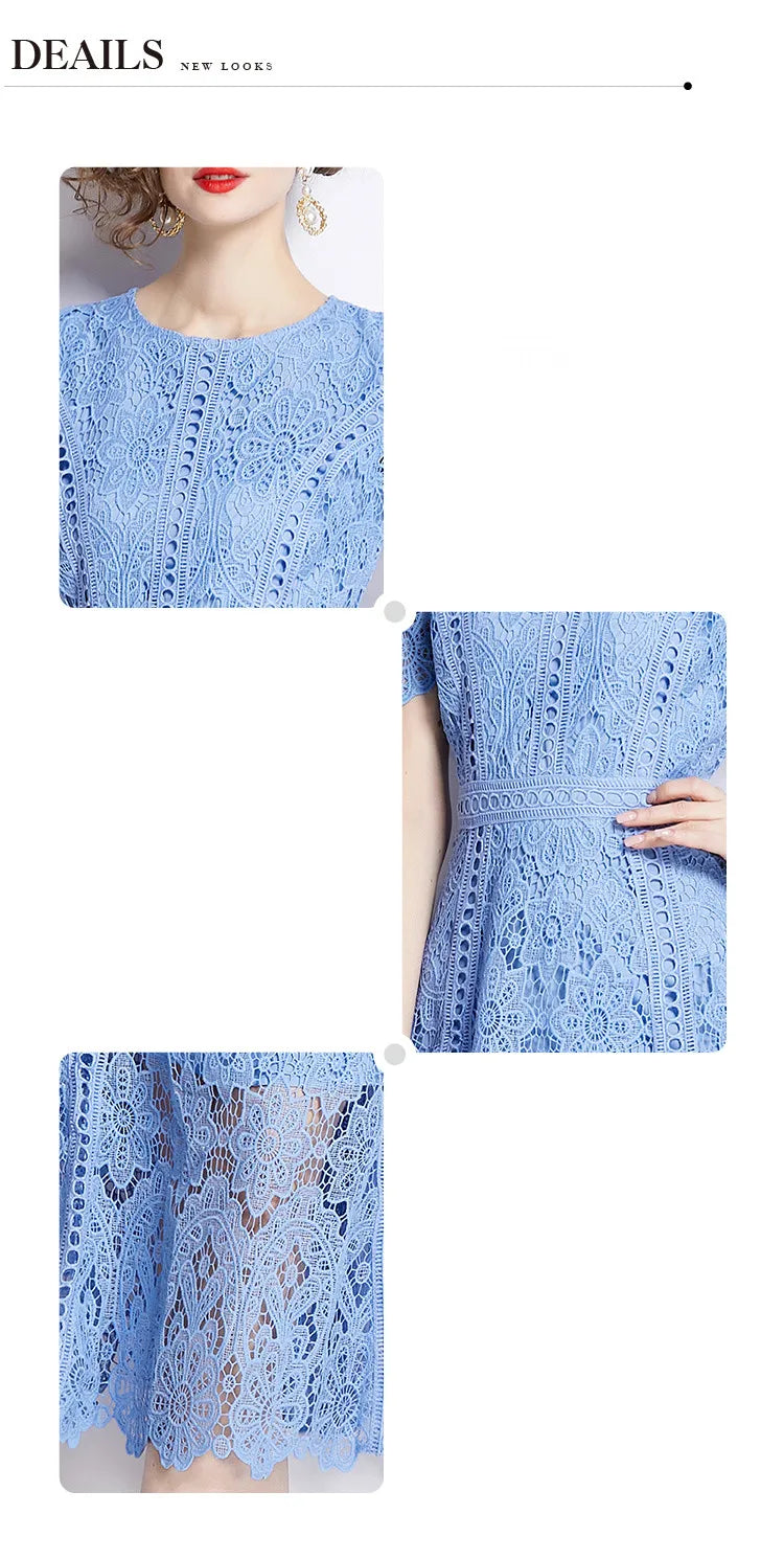 JAMERARY Vintage Holiday Lace Hollow Out Prom Dress For Women's Summer Slim Elegant Short Sleeve Long Dress Female Clothing