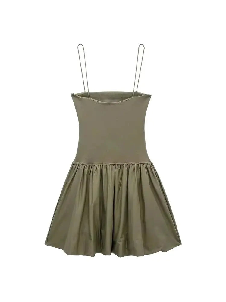 TRZA-Women's Patchwork Ribbed Poplin Puff Mini Dress, Straight Neck, Thin Straps, Female Dresses, Sexy Fashion