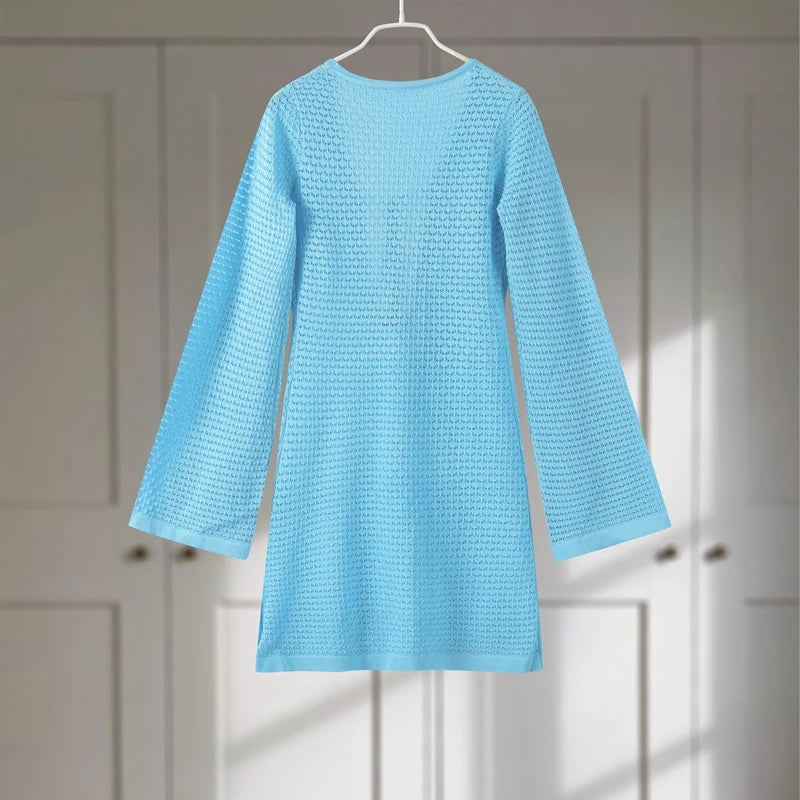 Casual Hollow Out Embroidery Pleated Long Dress Women V-neck Lantern Sleeve Single Breasted Dresses 2025 Summer Lady Chic Robes