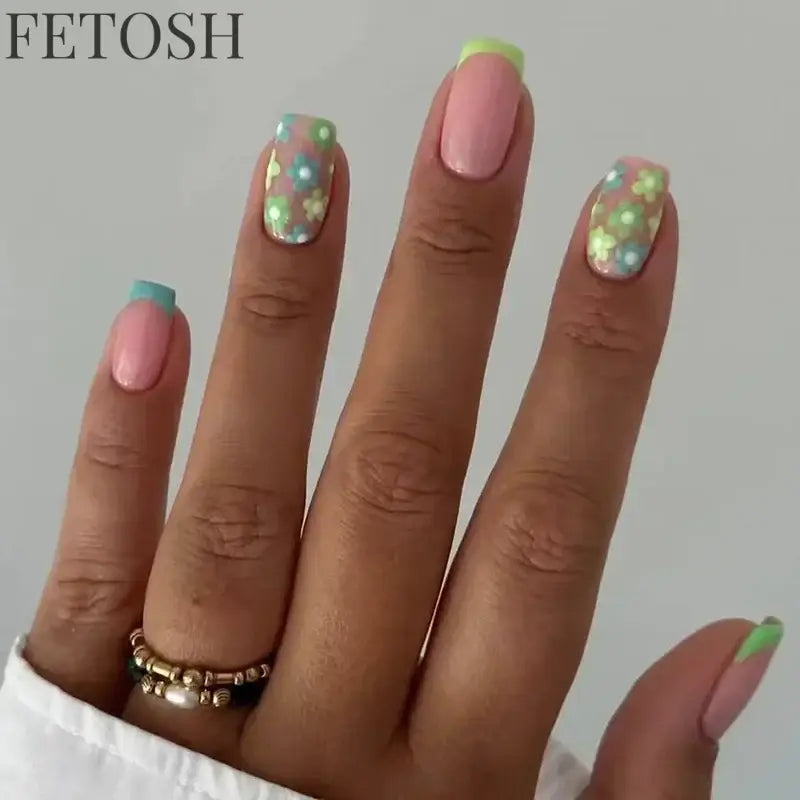 24Pcs Simple Square False Nails Short French Fake Nails Press on Colorful Flowers Design Full Cover Nail Tips Manicure Tools