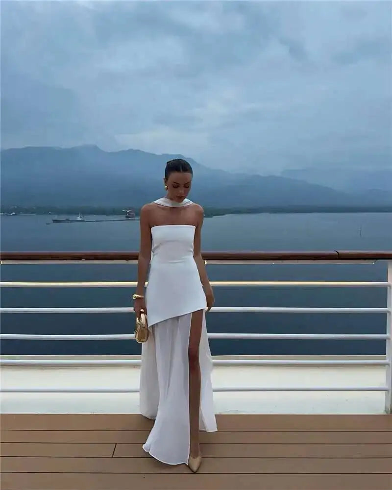 Mozision Elegant Strapless Sexy Maxi Dress For Women Gown With Scarf Off-shoulder Sleeveless Backless Split Beach Long Dress