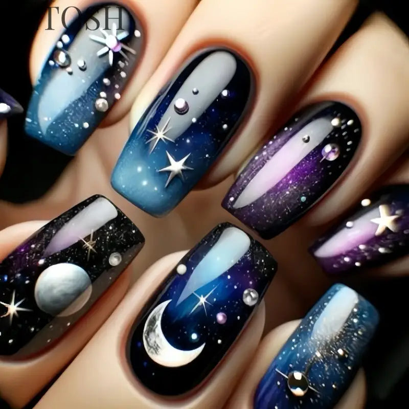 24Pcs Dark Blue Glossy Press on Nails Square False Nail with Glue Color Blending Acrylic Fake Nails Wearable Full Cover Nail Tip