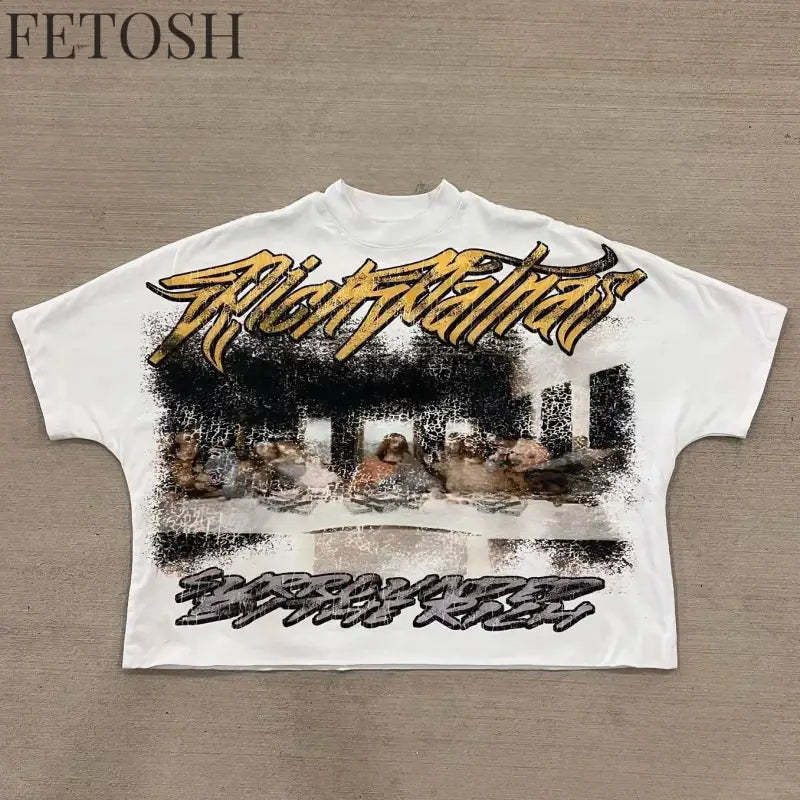 Streetwear Retro Clothing Mens Womens Harajuku Goth Cross Graphic Letter Print T Shirt Casual Cotton Seven Quarter Sleeves Tops