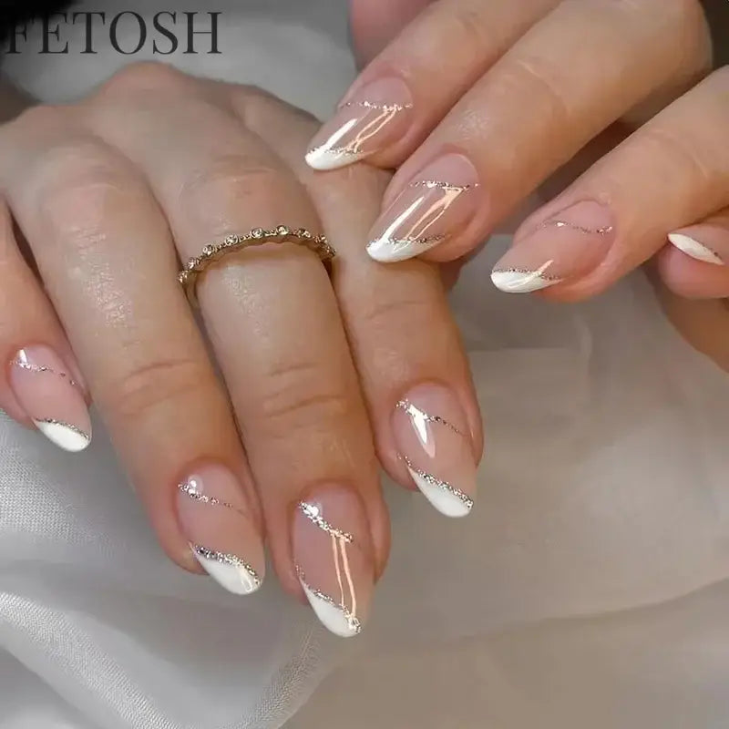 24Pcs Simple Green French False Nails Short Almond Fake Nails with Wave Line Design Wearable Round Head Press on Nail Tips