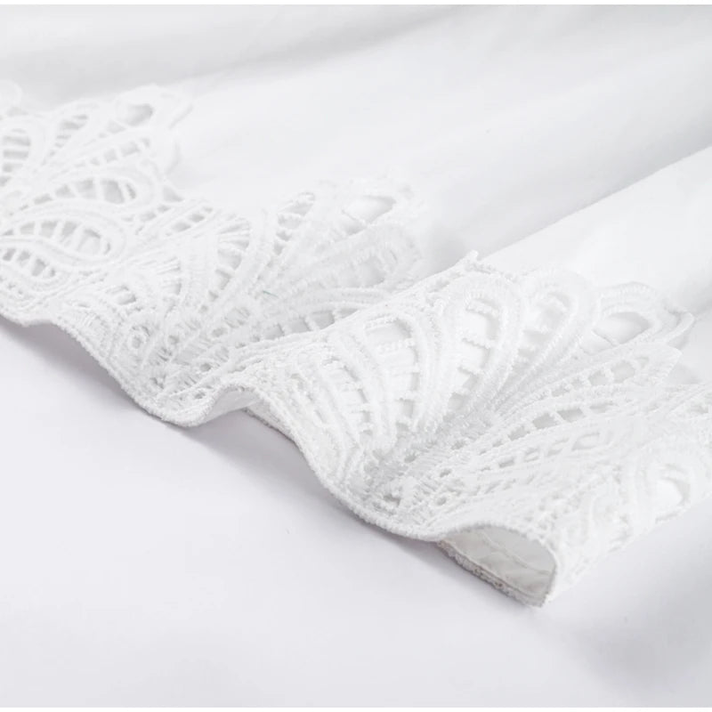 Casual Hollow Out Embroidery Pleated Long Dress Women V-neck Lantern Sleeve Single Breasted Dresses 2025 Summer Lady Chic Robes